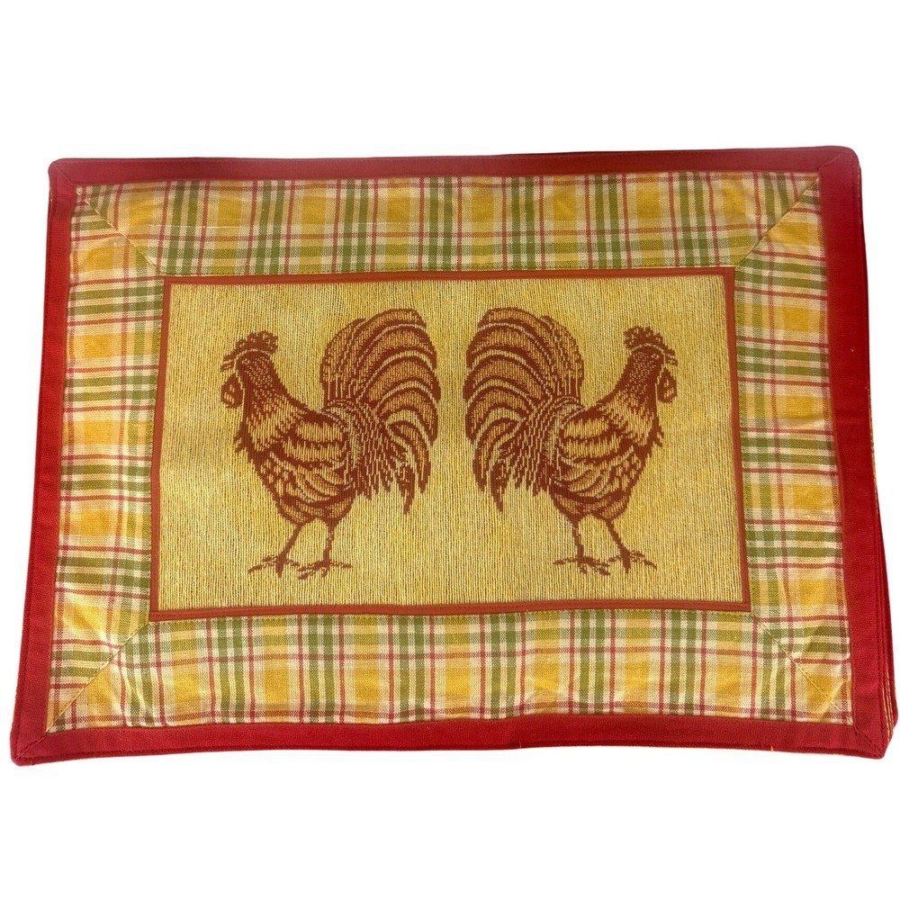 VTG Set of FOUR Red Yellow Plaid Rooster Tapestry‎ Placemats 19" X 13.5"